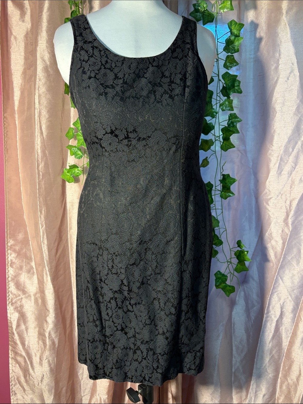 True Vintage 1960s Black brocade wiggle dress